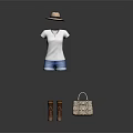 Stylish Women's Outfit With White T Shirt Blue Denim Shorts Brown Boots Hat And Handbag