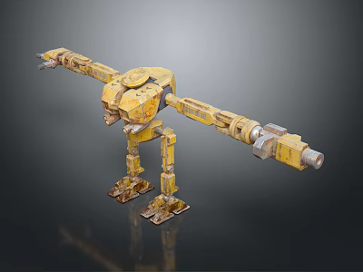 Yellow Mechanical Robot Creature With Long Arms Legs And Rusty Surface 3d model
