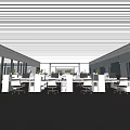 Modern Public Office Area With Desks Computers Green Plants White Partitions And Large Windows 3d model
