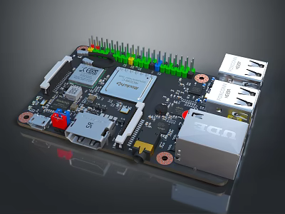 Modern Electronic Circuit Board With USB Ports Microchip Green Headers And Electronic Components 3d model