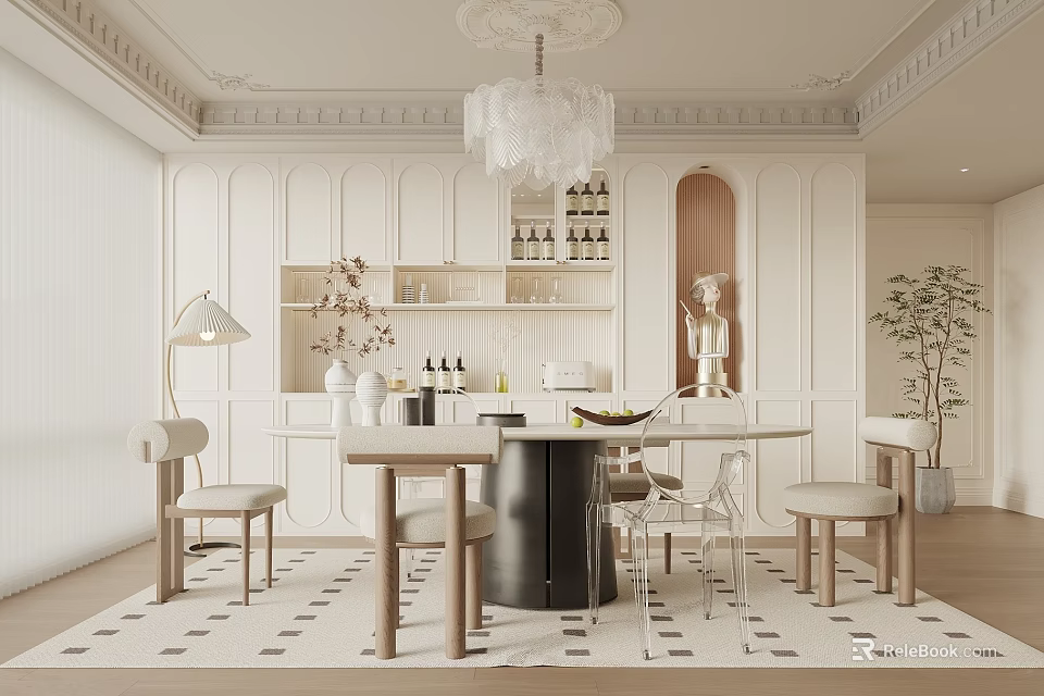 Elegant Modern White Restaurant Interior With Chandelier Dining Table Cabinets And Plant 3d model 