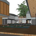 Modern Hotel Building With Wooden Ceiling Central Large Tree And Courtyard Water Pool