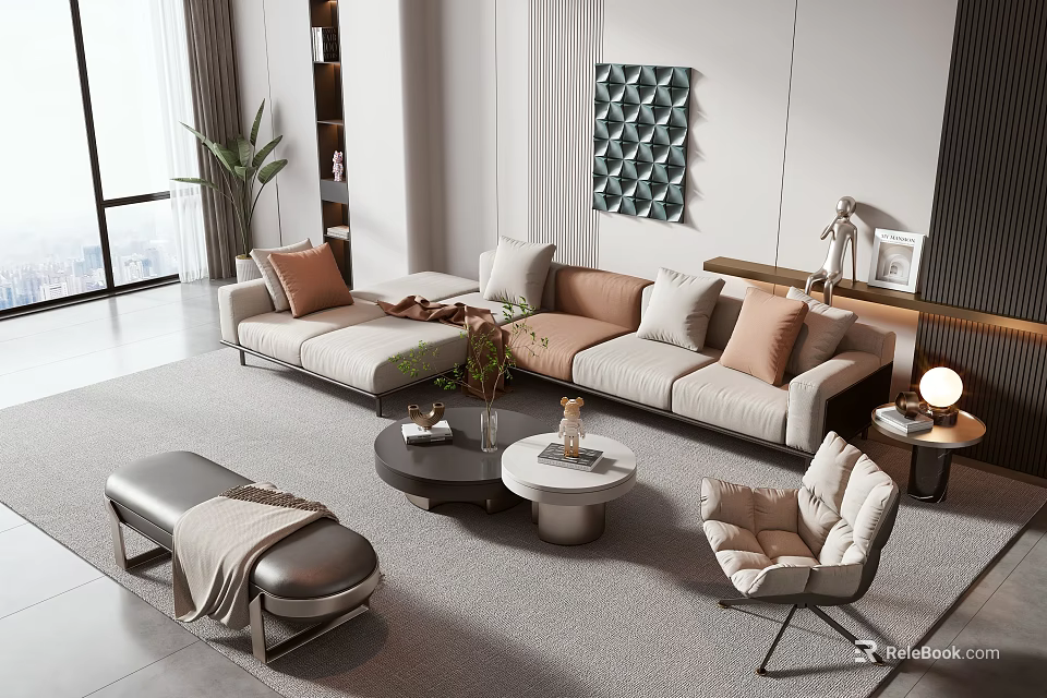Modern Sectional Sofa And Coffee Table Combination With Decorative Pillows Ottoman And Wall Art 3d model 