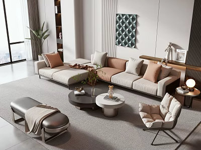 Modern Sectional Sofa And Coffee Table Combination With Decorative Pillows Ottoman And Wall Art 3d model