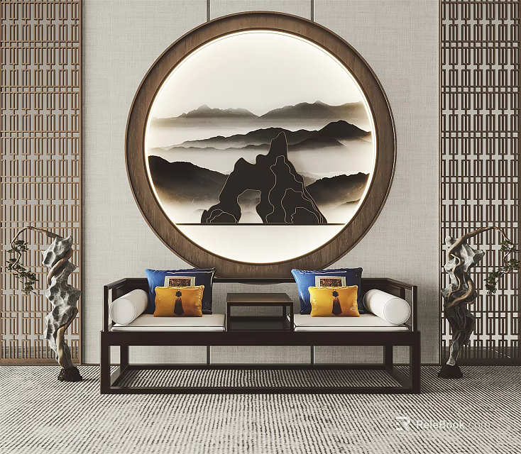 Traditional Chinese Luohan Bed With Round Landscape Painting Two Sculptures And Decorative Pillows 3d model 