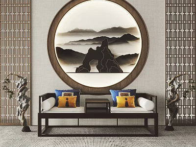 Traditional Chinese Luohan Bed With Round Landscape Painting Two Sculptures And Decorative Pillows 3d model