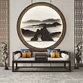Traditional Chinese Luohan Bed With Round Landscape Painting Two Sculptures And Decorative Pillows