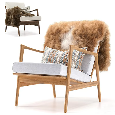 Cozy Sofa Coffee Table Set With Wooden Frame Gray Cushion Fur Blanket And Pillows 3d model
