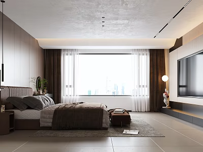 Modern Bedroom Interior Design with Large Bed TV Window Curtains and Rug 3d model