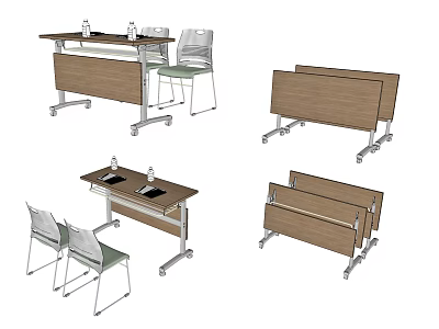 Foldable Office Desk With Wooden Top Wheels And Matching Chairs For Workspace 3d model