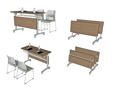 Foldable Office Desk With Wooden Top Wheels And Matching Chairs For Workspace 3d model