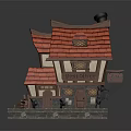 Cartoon Style Small Building with Red Tiled Roof Wooden Frame Small Windows and Chimney