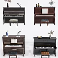 Different Style Pianos Featuring Musical Instruments And Art Supplies With Music Sheets Vases And Stools