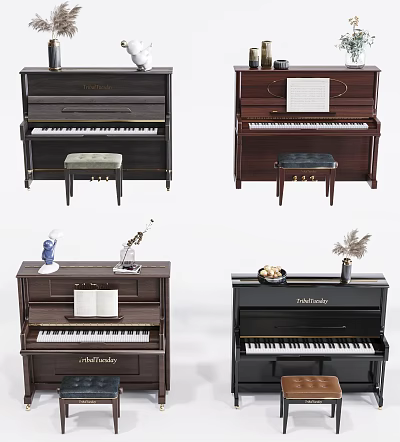 Different Style Pianos Featuring Musical Instruments And Art Supplies With Music Sheets Vases And Stools 3d model