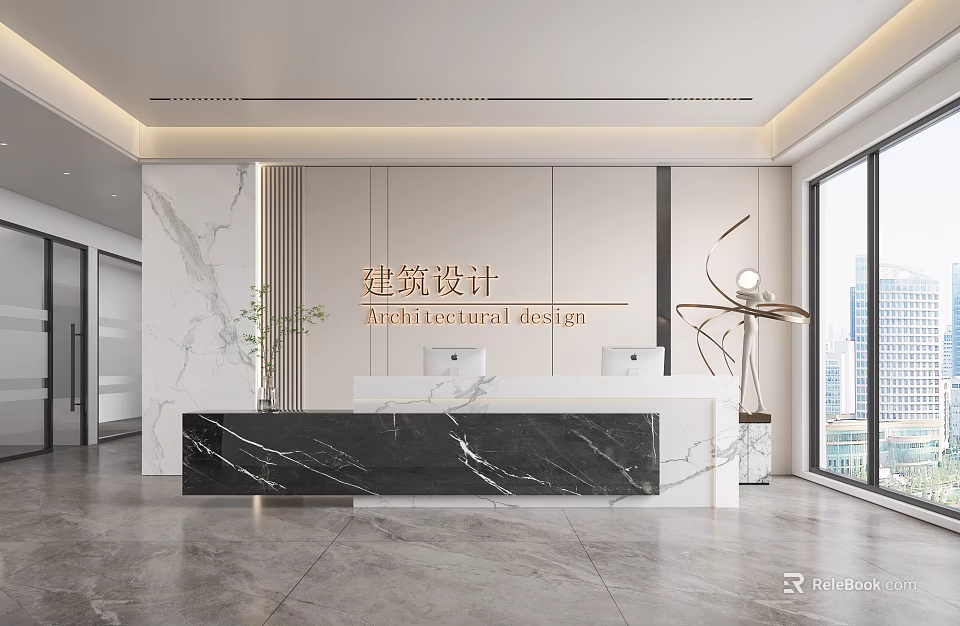 Modern Architectural Design Reception Desk With Marble Countertop And City View 3d model 