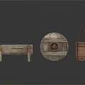 Rustic Vintage Decorative Items Including Wooden Wheel Wicker Basket And Legged Frame