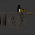 Rustic Wooden Table With Gray Cloth Bottle And Colorful Box On Top