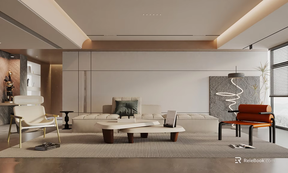 Modern Minimalist Living Room Interior With Neutral Sofa Wooden Coffee Table And Orange Accent Chair 3d model 