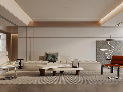 Modern Minimalist Living Room Interior With Neutral Sofa Wooden Coffee Table And Orange Accent Chair 3d model