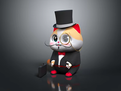 Cute Cat Game Movie Character With Top Hat Monocle Mustache And Black Suit Holding Briefcase 3d model