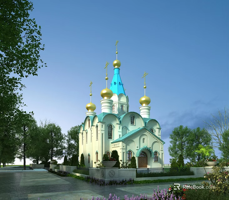 European-style Architecture Featuring Blue Spire Golden Domes Surrounded by Green Lawns Trees and Blue Sky 3d model 