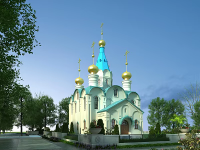 European-style Architecture Featuring Blue Spire Golden Domes Surrounded by Green Lawns Trees and Blue Sky 3d model