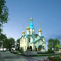 European-style Architecture Featuring Blue Spire Golden Domes Surrounded by Green Lawns Trees and Blue Sky
