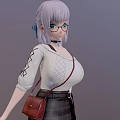 Anime Female Character With Purple Hair Wearing Glasses White Shirt Plaid Skirt Brown Crossbody Bag