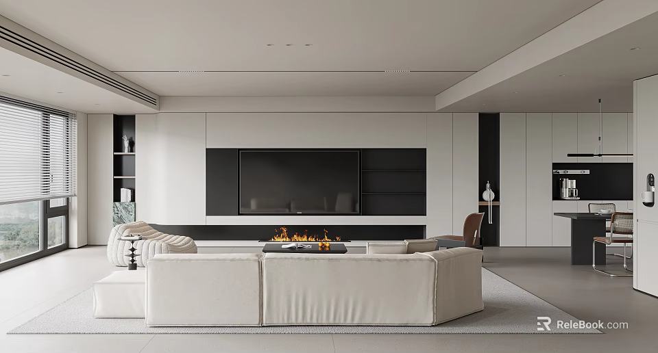 Modern Open Plan Living Dining Space With Sofa Fireplace And TV Wall 3d model