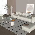 Modern White Sofa and Coffee Table Set with Rug Plant Floor Lamp and Wall Art