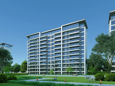 Modern Residential Building with Glass Curtain Walls and Balconies Surrounded by Greenery and Lawn 3d model
