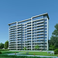 Modern Residential Building with Glass Curtain Walls and Balconies Surrounded by Greenery and Lawn