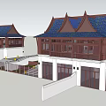 Semi Detached Villa Exterior With Blue Roof Tiles Brown Wooden Structure White Walls And Balconies