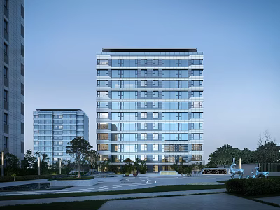 Modern High Rise Residential Building With Glass Curtain Walls And Landscaped Area 3d model