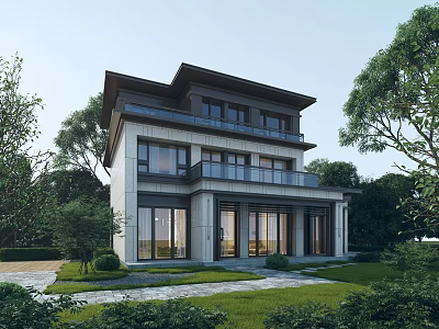 Modern Detached Villa Exterior With Large Glass Windows Balcony And Lush Greenery 3d model