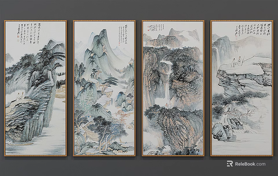 Traditional Chinese Landscape Paintings With Four Scrolls Mountain Waterfall And Ink Wash Art 3d model 