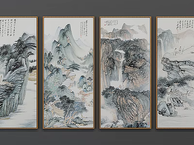 Traditional Chinese Landscape Paintings With Four Scrolls Mountain Waterfall And Ink Wash Art 3d model