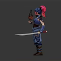 Game And Movie Character With Pink Hair Helmet Blue Armor Holding Flame And Sword