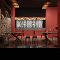 Pan Fried Bun Restaurant Exterior at Night Featuring Red Wall Glass Door and Outdoor Seating