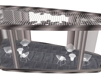 Modern Curved Pergola With Metal Grille Roof White Chairs And Gray Tile Floor 3d model