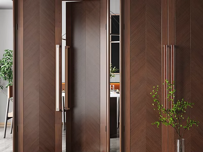 Elegant Brown Wooden Double Doors Interior Design With Herringbone Pattern And Green Plant Decoration 3d model