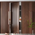 Elegant Brown Wooden Double Doors Interior Design With Herringbone Pattern And Green Plant Decoration