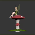 Fairy Sitting On Red Mushroom With White Spots And Small Mushroom On Green Grass Base