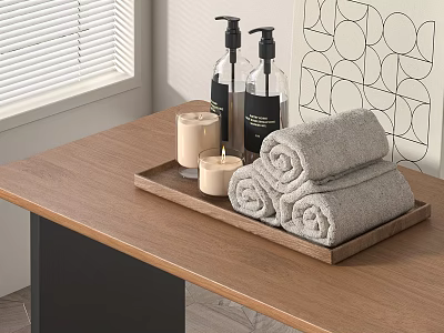 Washing Daily Essentials Arranged On Wooden Table With Tray Gray Towels Pump Bottles And Candles 3d model