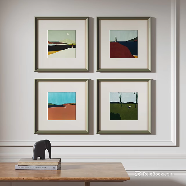 Four Framed Oil Paintings With Colorful Landscape Elements On White Wall Interior Decor 3d model 