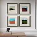 Four Framed Oil Paintings With Colorful Landscape Elements On White Wall Interior Decor