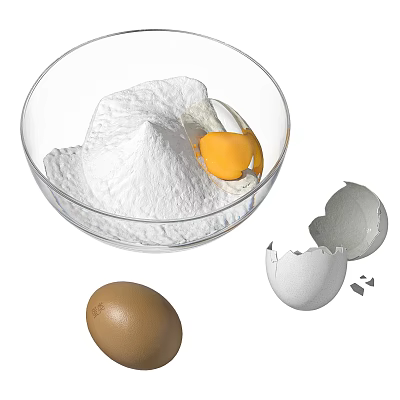 Baking Preparation With Flour And Egg Yolk In Glass Bowl Plus Broken Shell 3d model