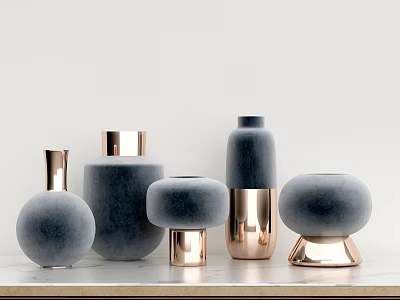 Modern Gray Ceramic Vessels with Copper Bases Displayed on White Surface 3d model