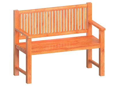 Wooden Public Bench With Slatted Back And Armrests For Outdoor Seating Area 3d model