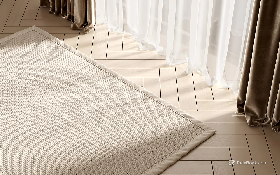 Light Colored Textured Square Rug On Wooden Floor With Curtains 3d model 